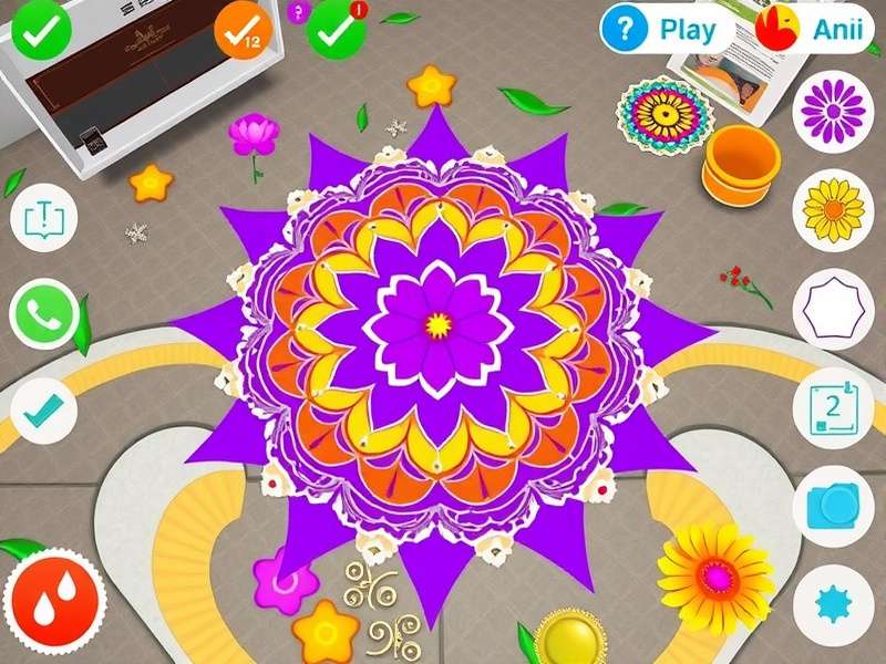Floral Fantasy Rangoli gameplay showing colorful rangoli designs
